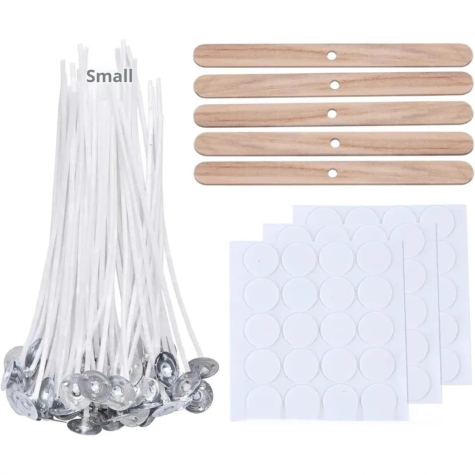 White cotton candle wicks for DIY candle making in three lengths: 2.6cm, 6cm, and 8cm