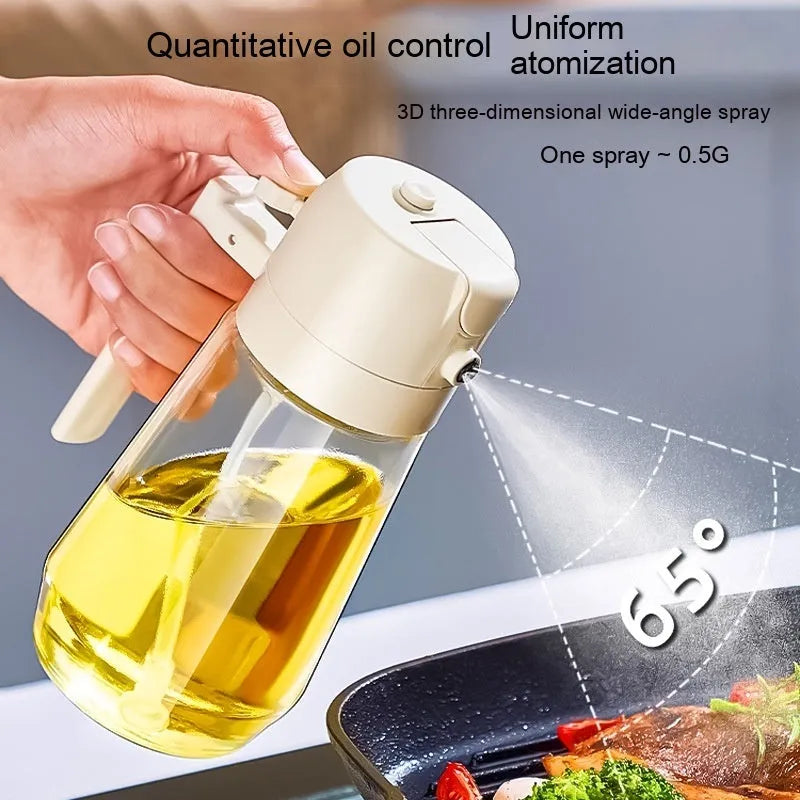 470ml glass oil sprayer dispenser with ergonomic handle in beige, black, green, or yellow colours