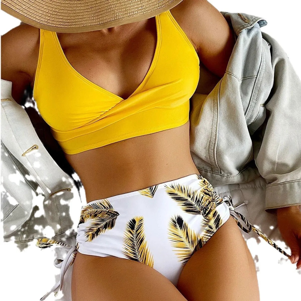 Women's black high waist drawstring bikini swimsuit set on a mannequin.