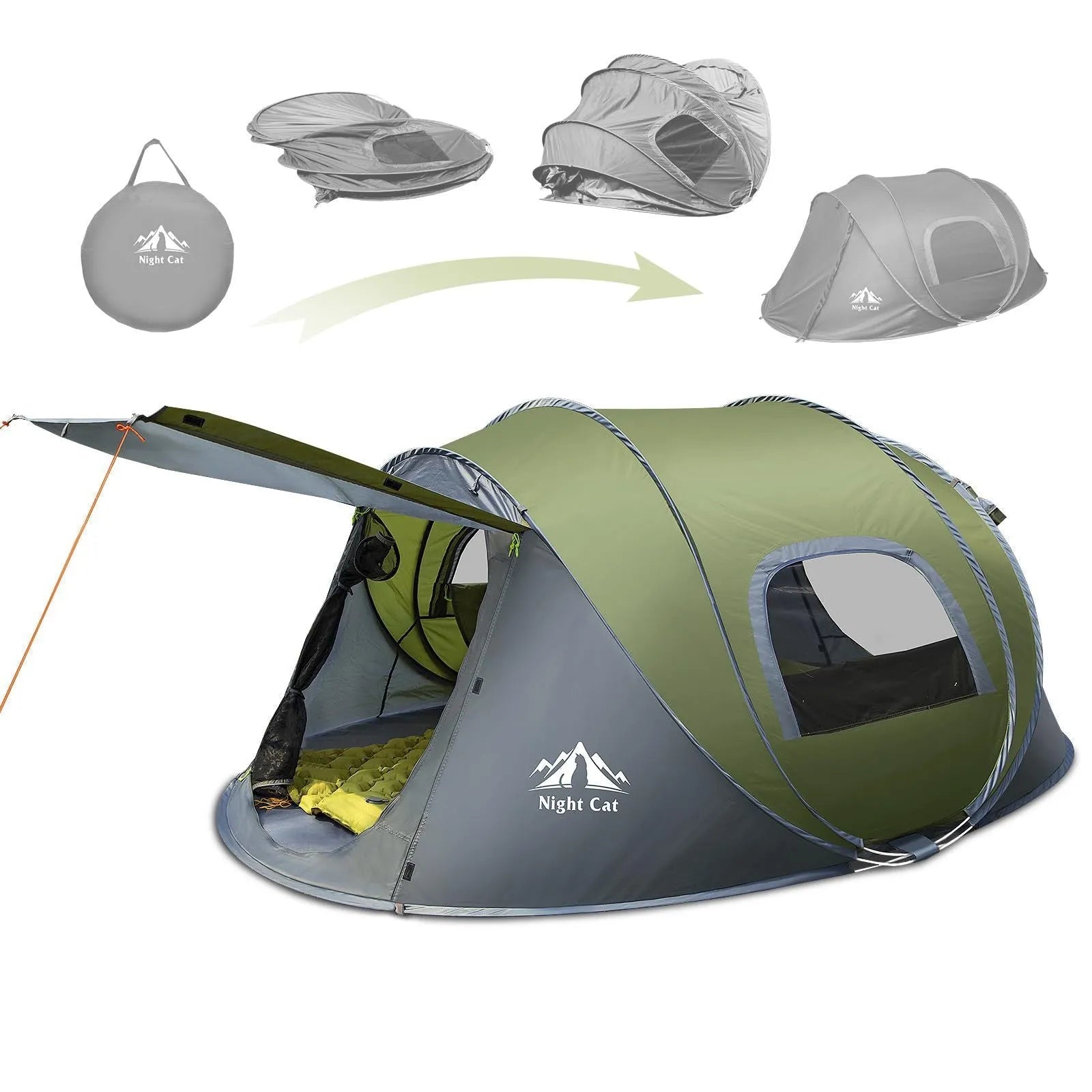 Dark green two-person camping tent with automatic instant setup showing compact dimensions