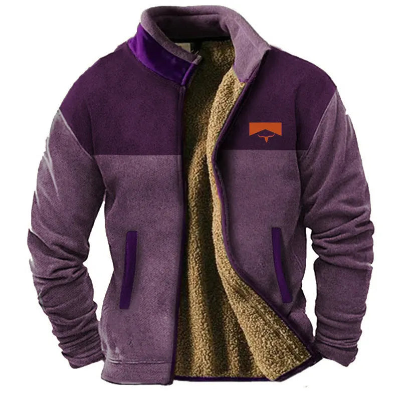 Men's green padded polyester coat with a fleece lining, shown on a hanger.