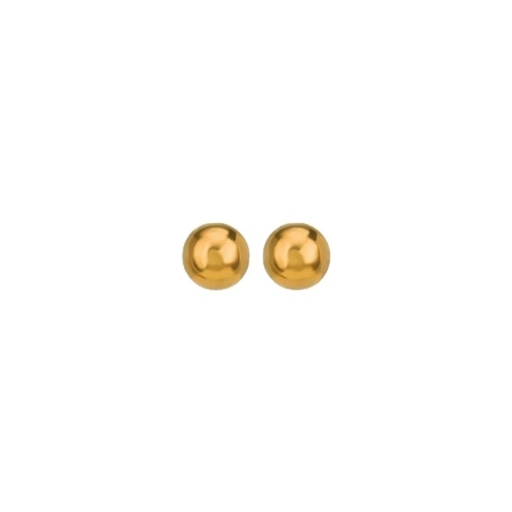 Simple stainless steel stud earrings with geometric sphere design in gold colour on white background