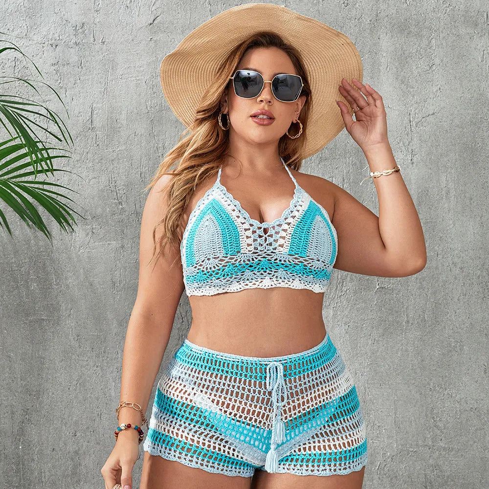 Blue women's swimsuit with hollow out straps and briefs on a mannequin