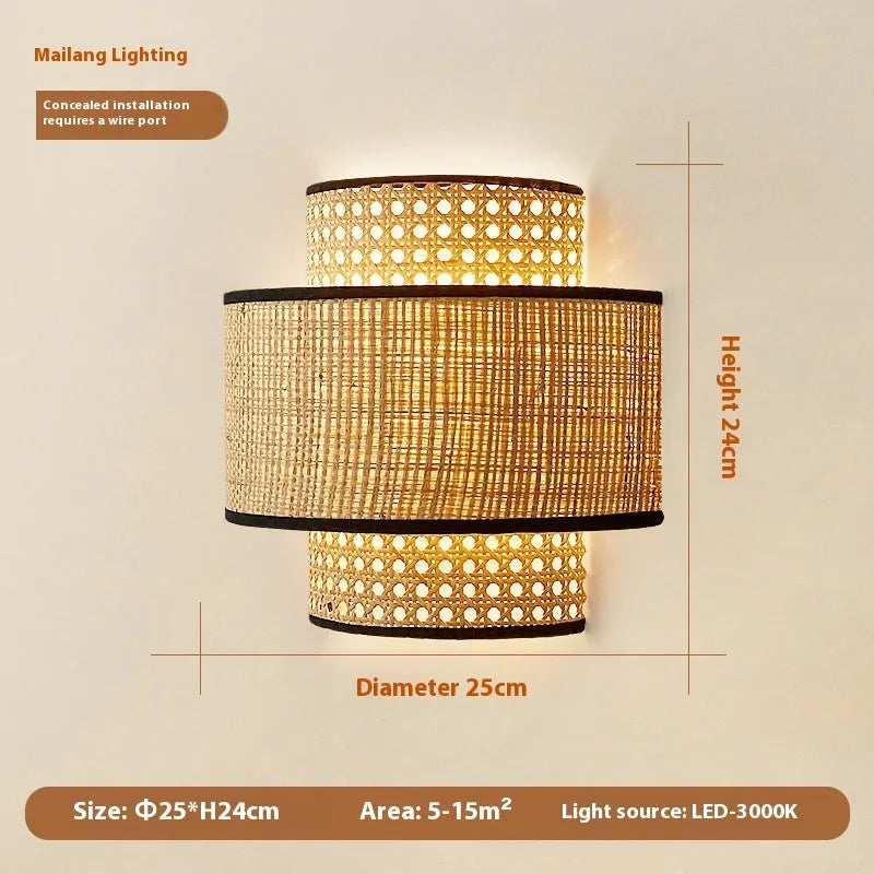 Retro rattan wall bedside lamp, 25cm diameter and 24cm height, LED 3000K, concealed wall installation