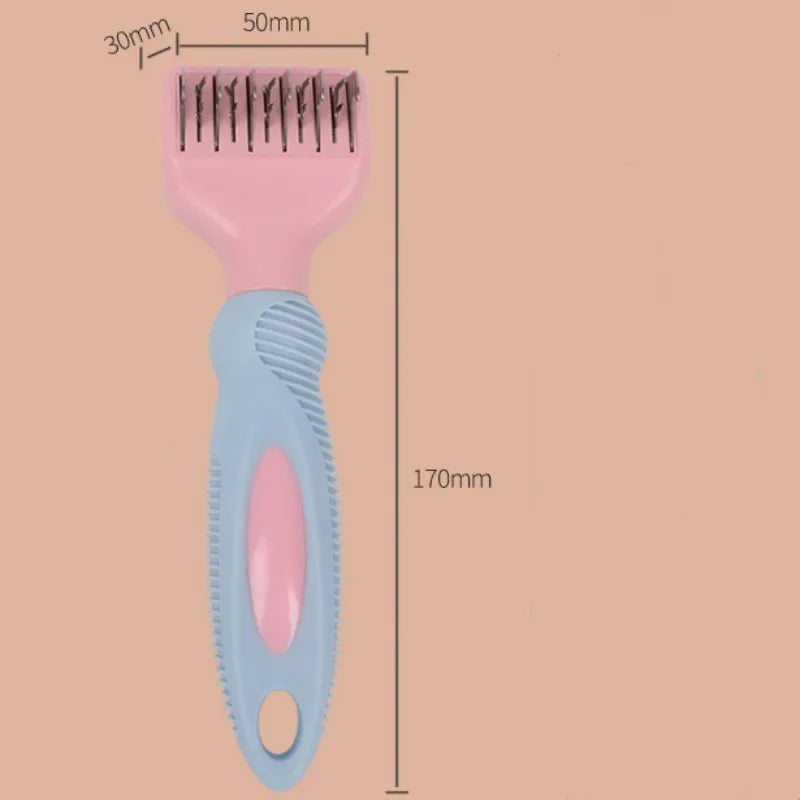 Pink and purple handled pet grooming comb with stainless steel de-matting knife and brush.