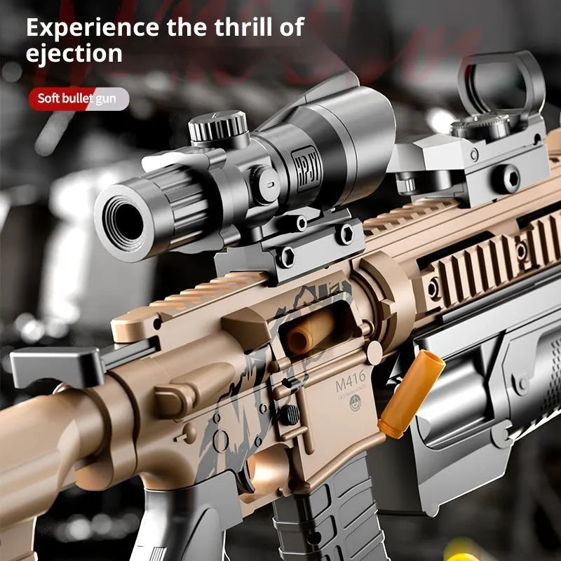 M416 toy soft bullet gun in sand colour with manual bolt throwing shell, plastic construction, includes accessories.