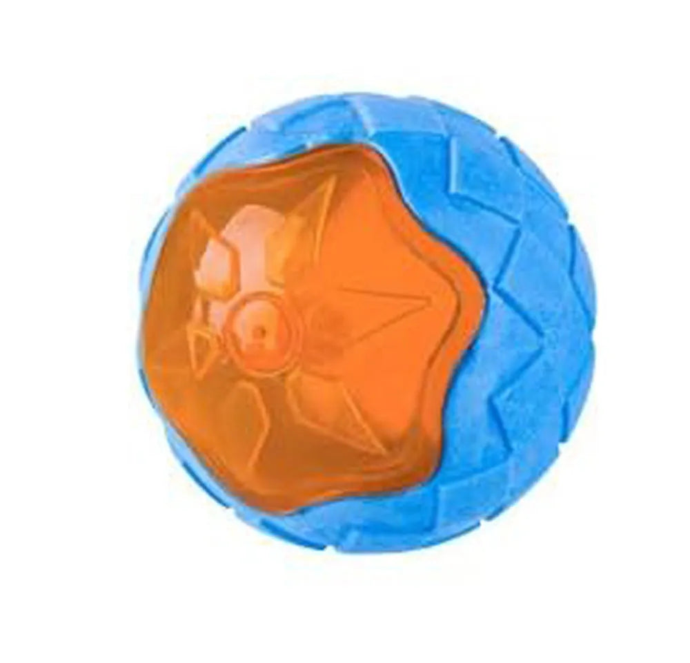 Three TPR floating dog toys: a red squeaky ball, a blue barbell, and an orange tyre, on a pool edge.