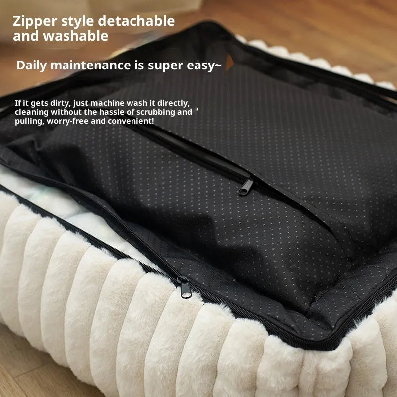 Large removable square pet bed for dogs, white striped, soft cloth, size L