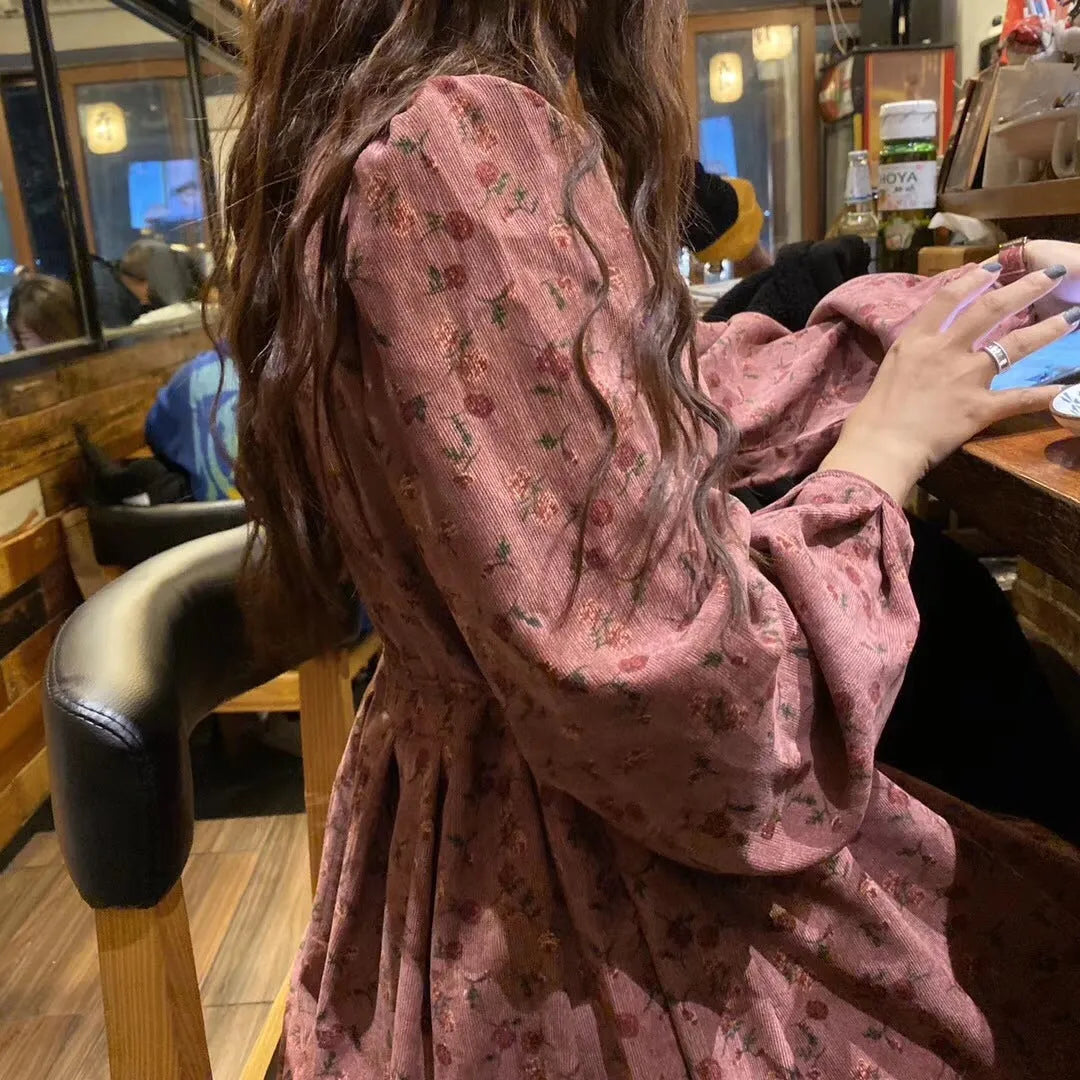 Red cotton knit floral sweet cover long dress with elastic waist and princess sleeves