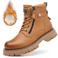 Men's brown high-top leather Martin boots with side zip and a mid-height heel.