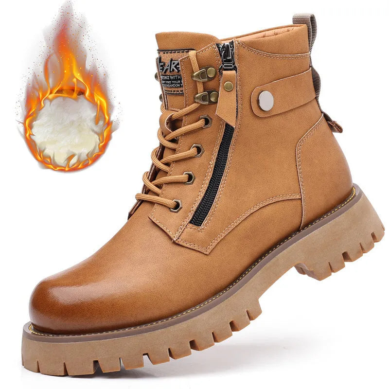 Men's brown high-top leather Martin boots with side zip and a mid-height heel.