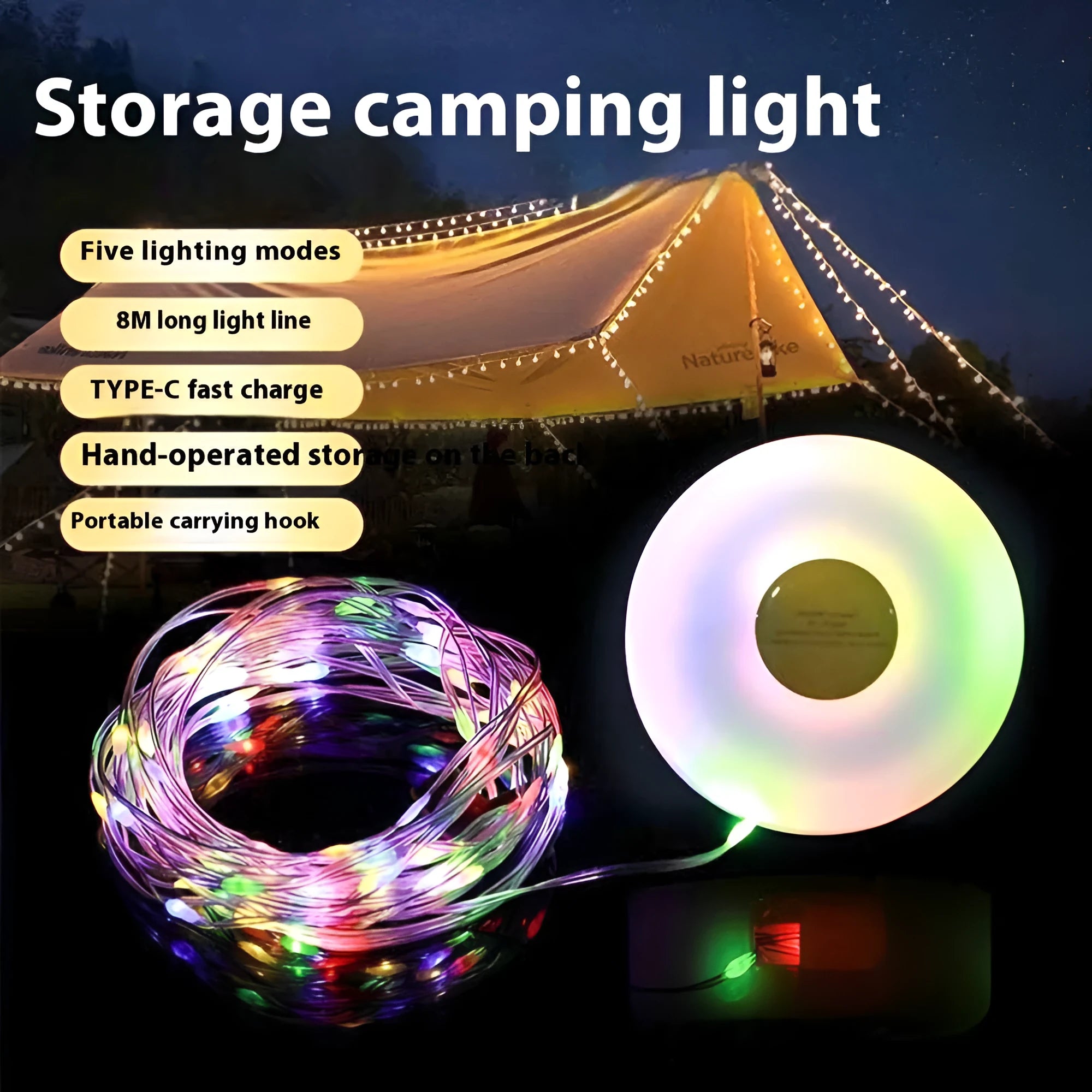 Rechargeable outdoor LED string lights with 30 beads on an 8m cord, showing warm white and colour-changing modes.