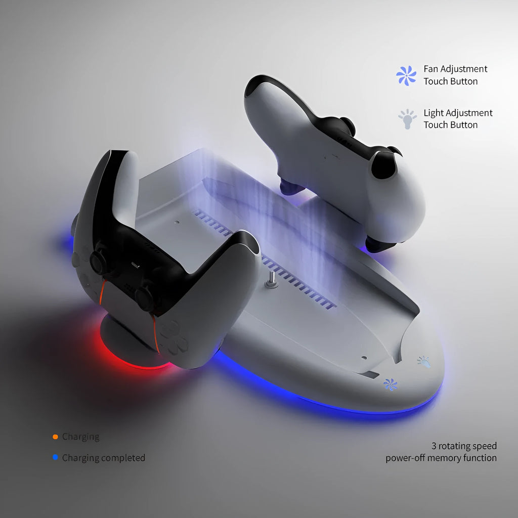 White PS5 charging base with fixed belt, cooling fan, and RGB ambient lighting