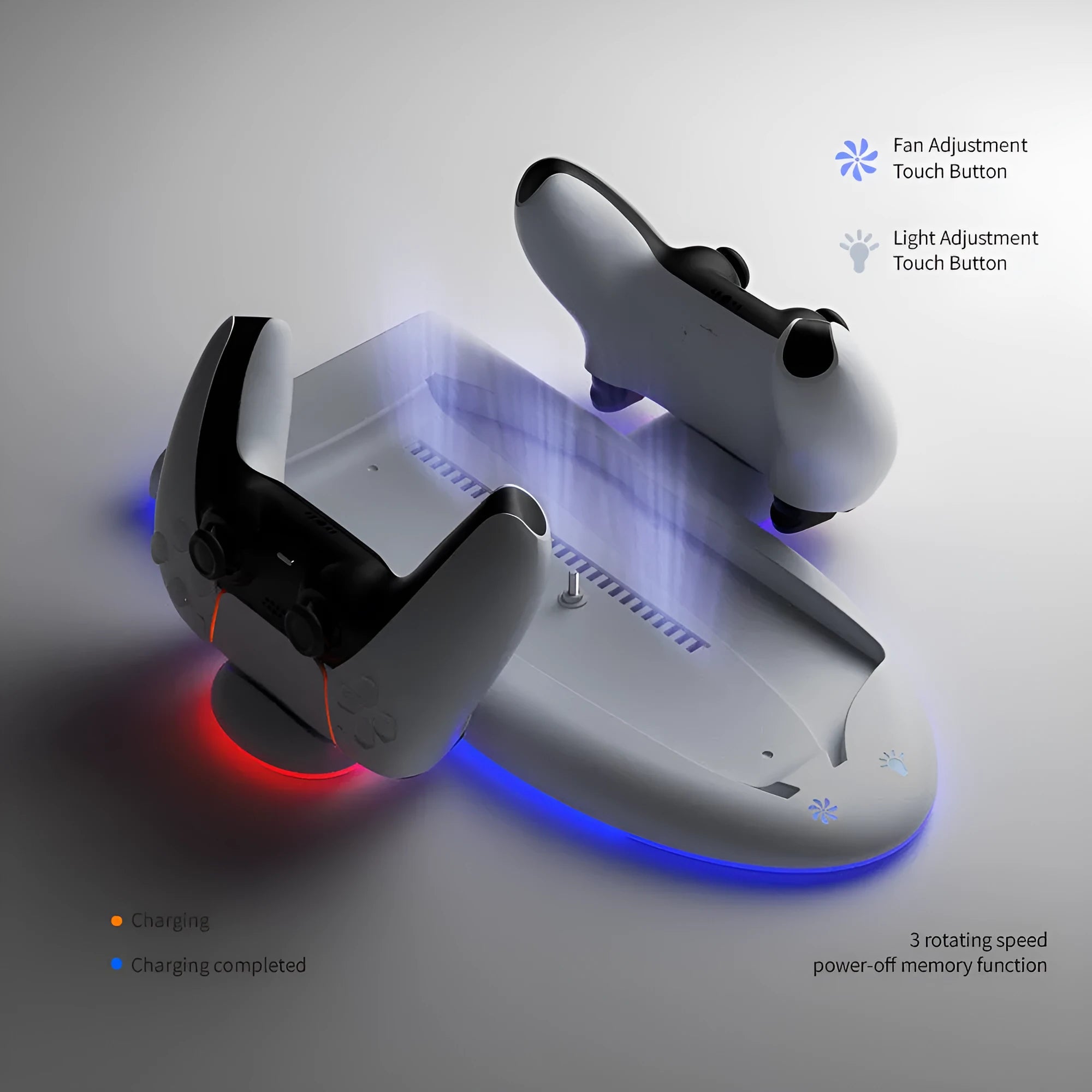 White PS5 charging base with fixed belt, cooling fan, and RGB ambient lighting