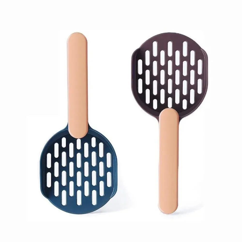 Blue plastic cat litter scoop for cleaning pet litter boxes.