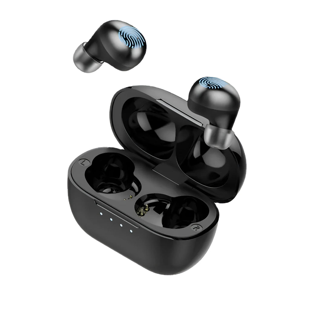 Black wireless Bluetooth stereo earbud headset with bilateral design for music and call functionality