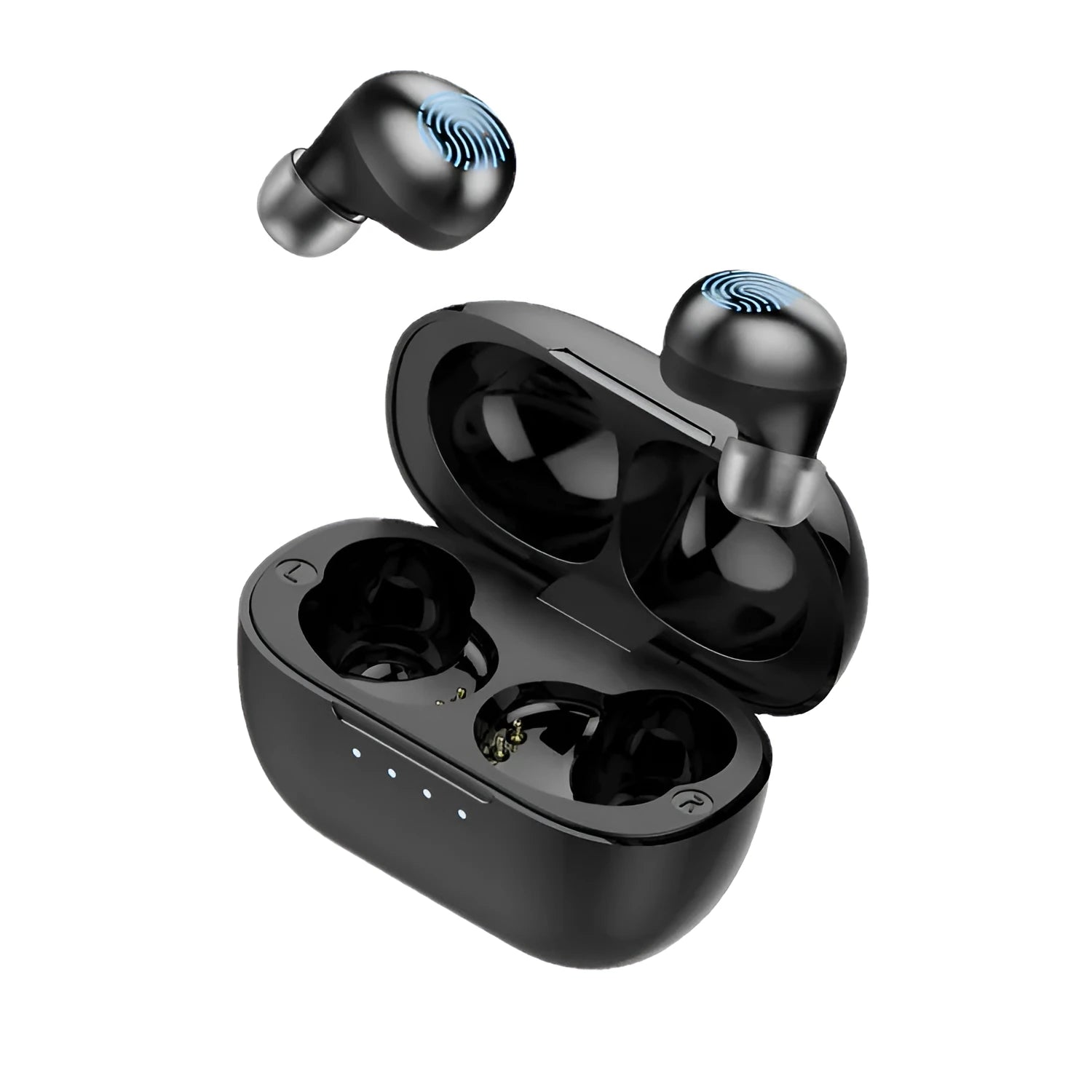 Black wireless Bluetooth stereo earbud headset with bilateral design for music and call functionality