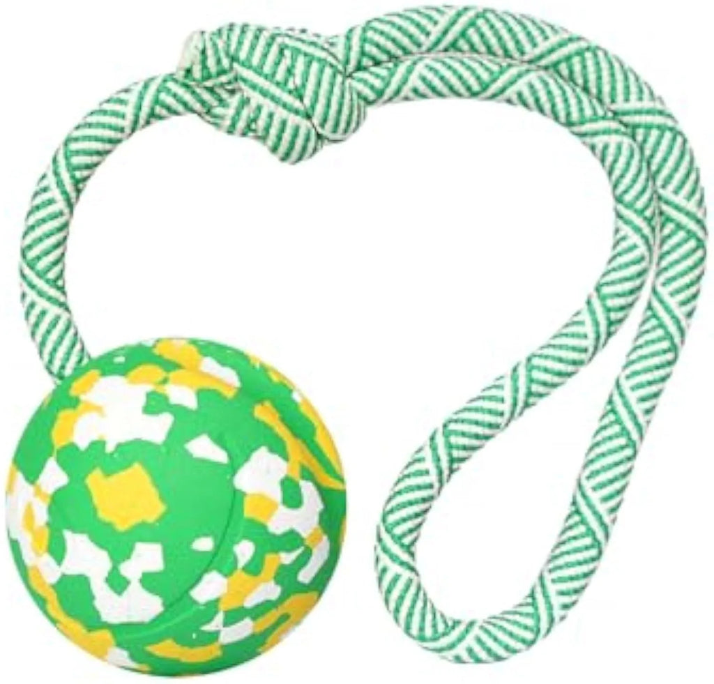 Natural rubber dog ball on rope toy for medium and small dogs with nylon rope attachment