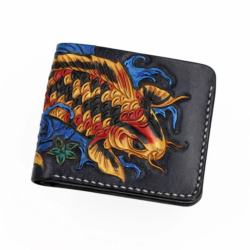 Men's solid colour cow leather short wallet with open closure, shown in red, blue, and gold.