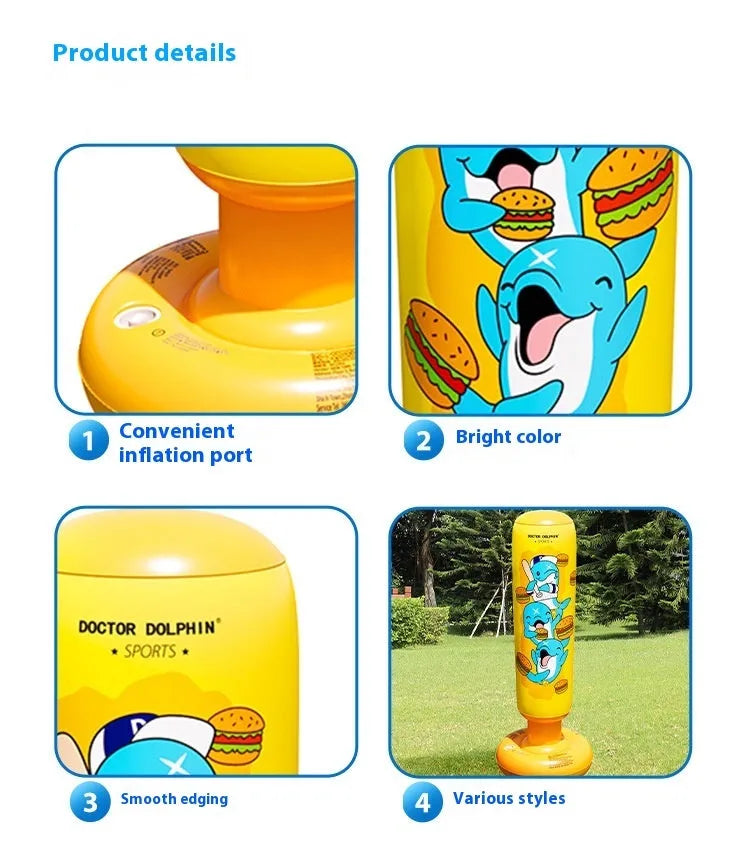 Yellow inflatable boxing column with hamburger print design standing upright.