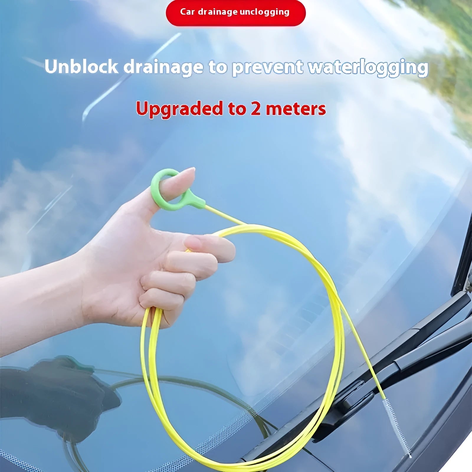 Yellow plastic car wash brush 2.3 metres long for cleaning automobile skylight and door drain holes