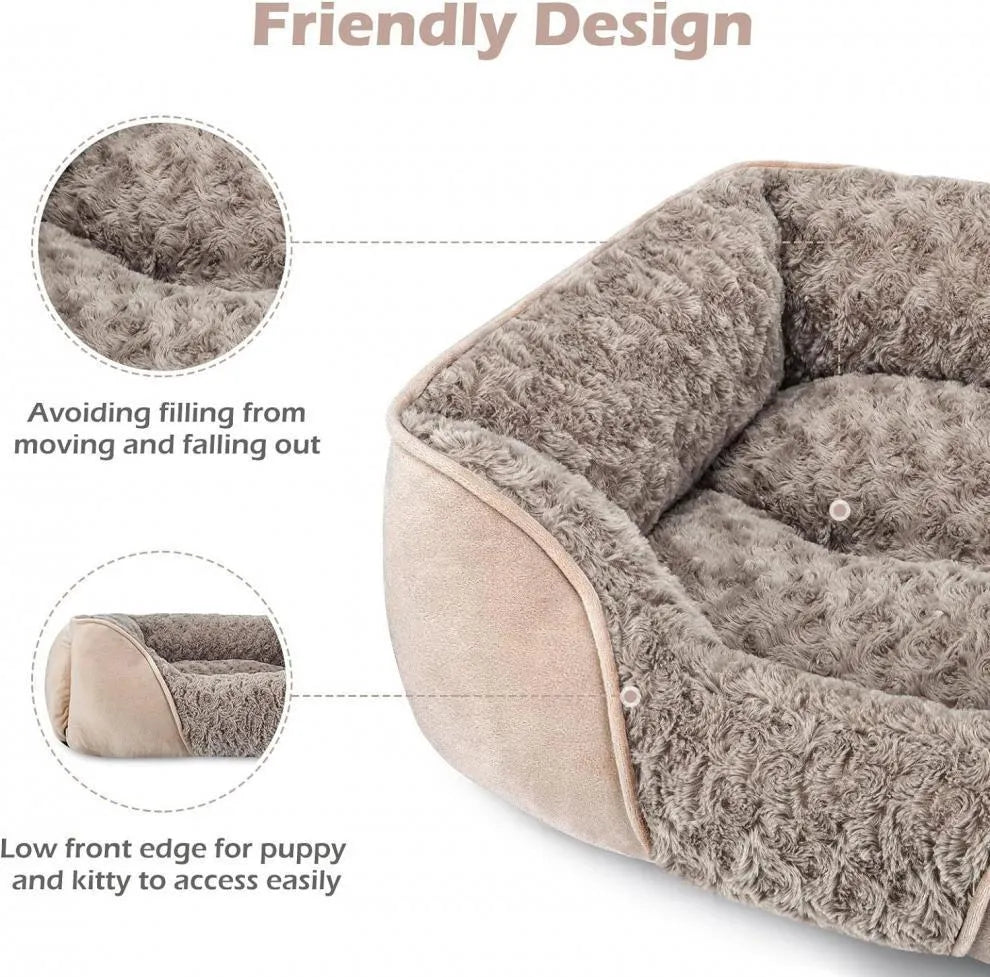 Golden retriever stuffed plush pet kennel bed for dogs and cats in beige.