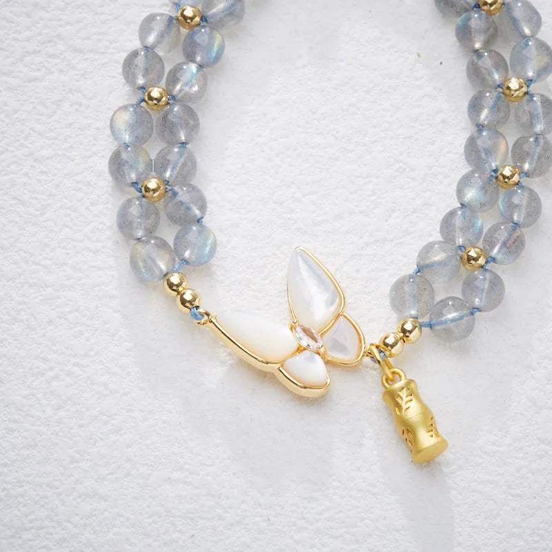 Grey moonstone woven bracelet with butterfly charm for women