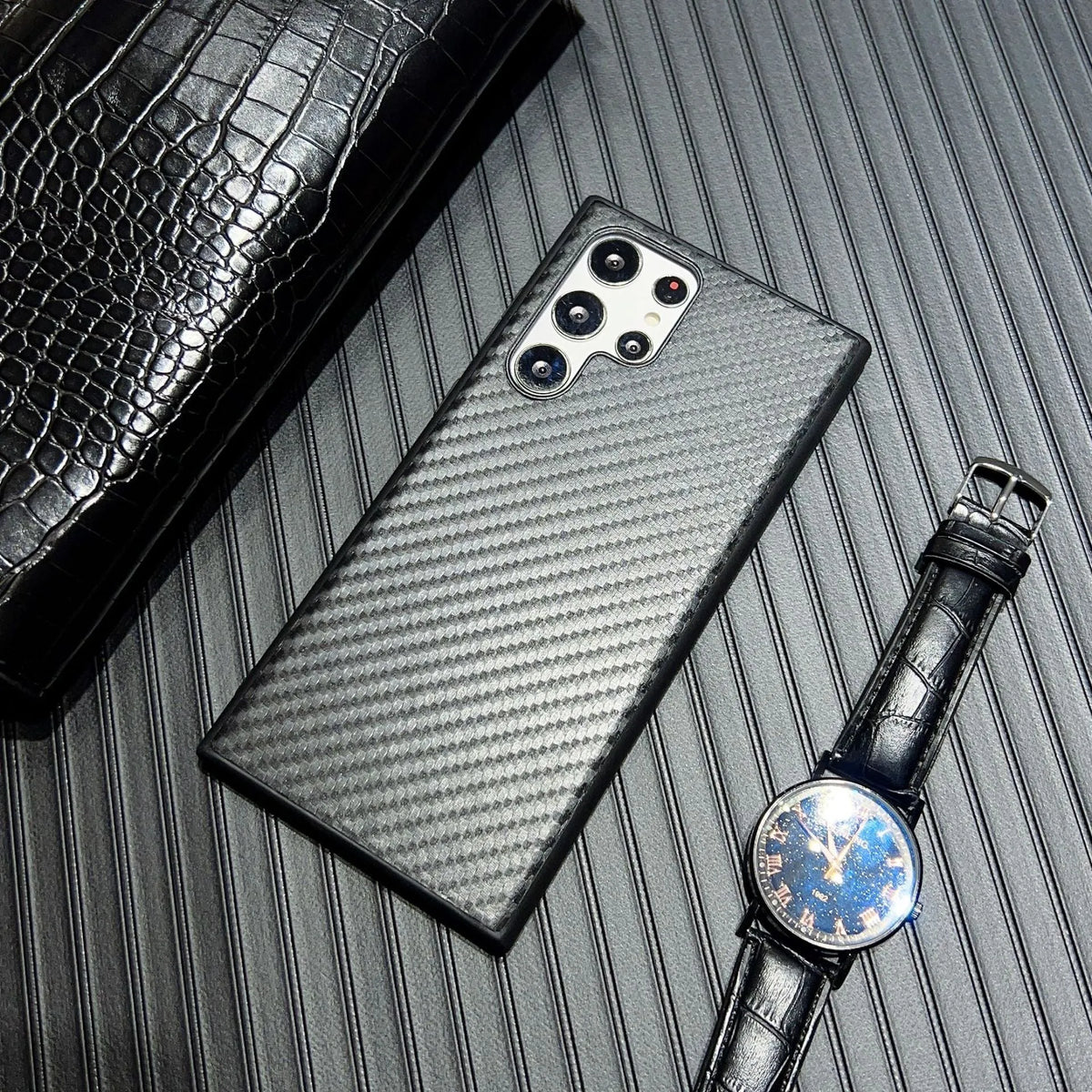 Black poly urethane leather phone case for Samsung S24 with leopard print pattern