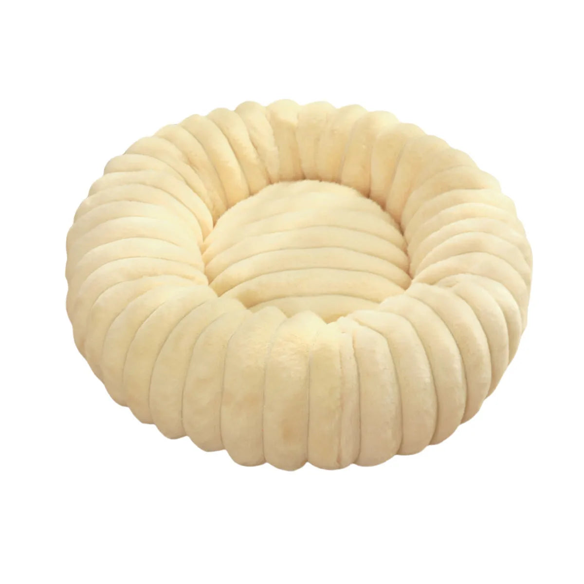 Round plush pet nest mat in beige, shown with a cat curled up inside.