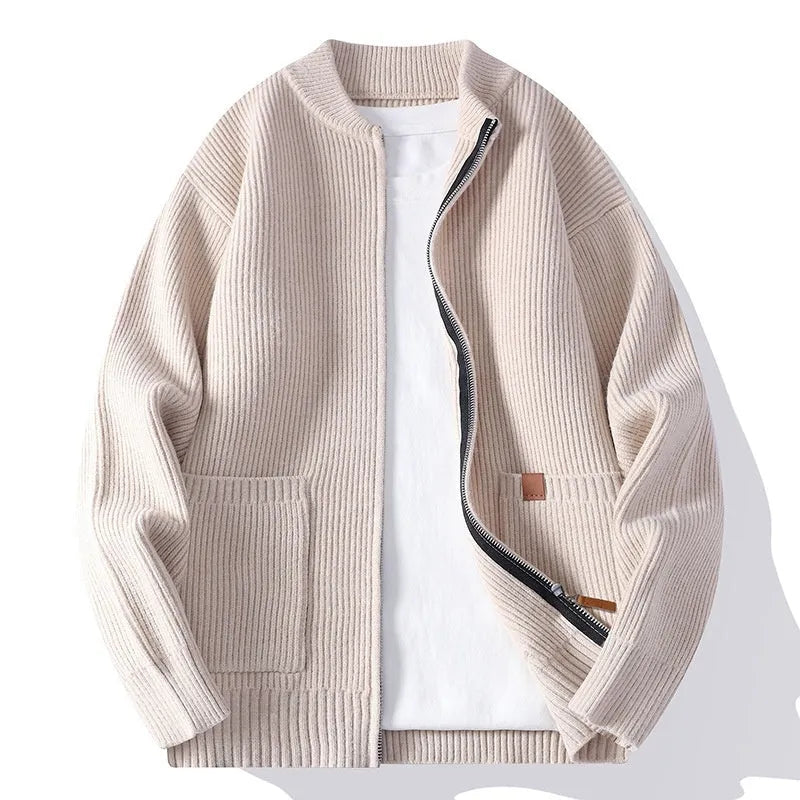 Men's striped cardigan jacket in chemical fibre blended fabric with straight cut design