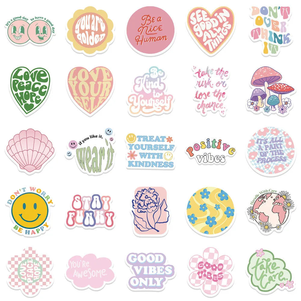 Danish pink motivational vinyl stickers with cartoon and graffiti designs, 4-6cm in size, for laptops and luggage.