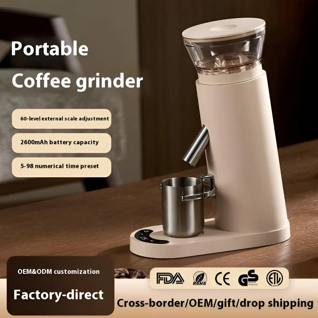 Portable electric coffee grinder with stainless steel body and 0.5L reservoir capacity