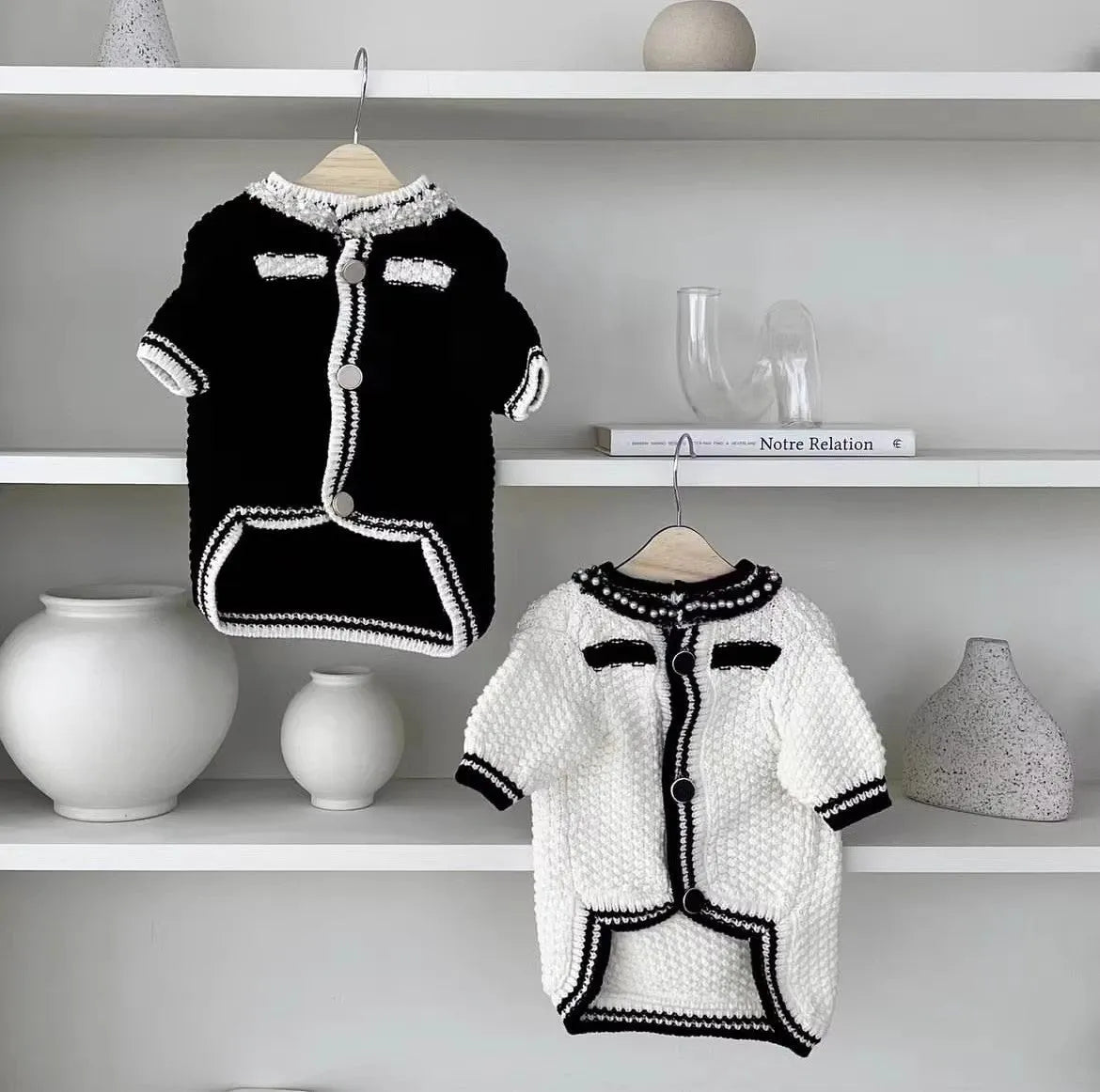 Korean style white dog sweater with pearl collar on small breed dog, princess cut design