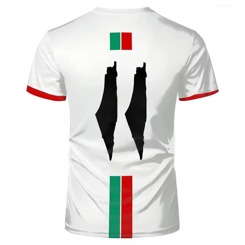 Black football T-shirt with 3D printed design showing textured pattern on front