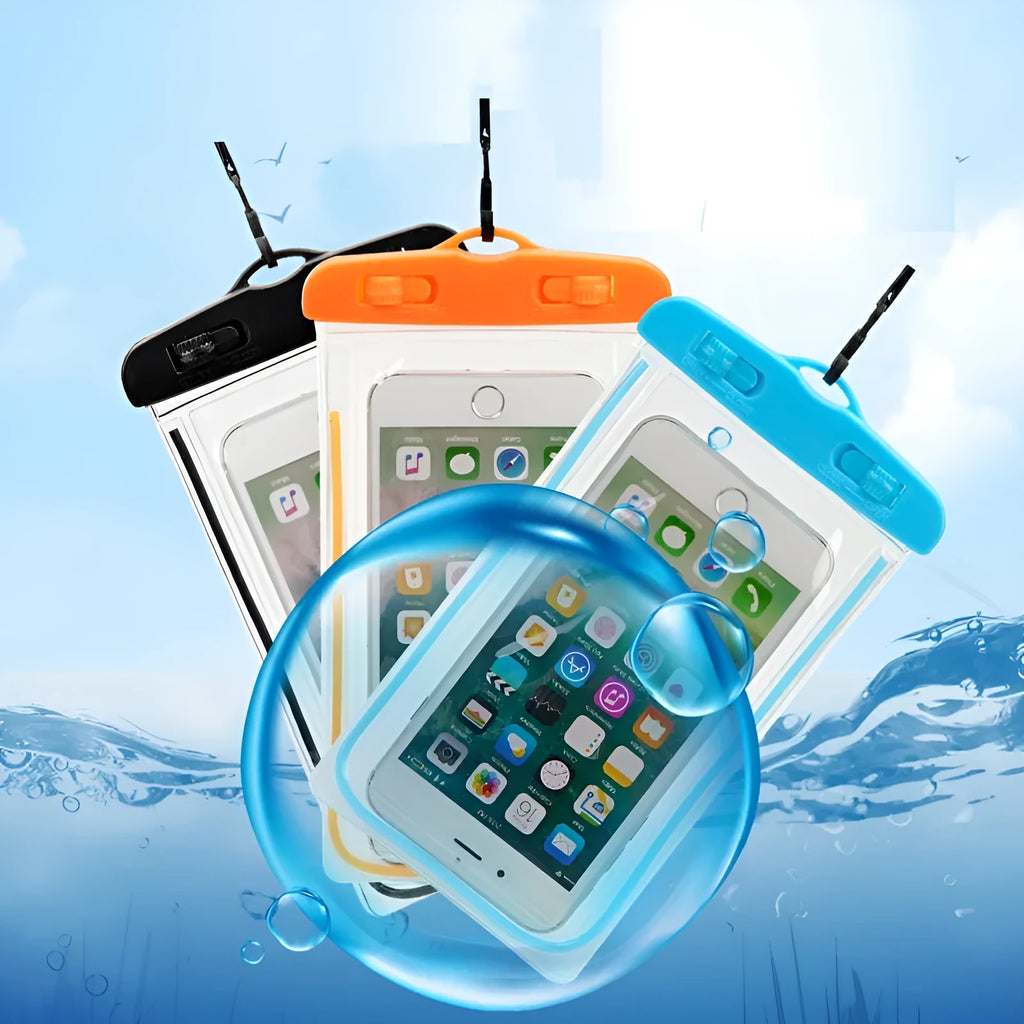 Universal waterproof luminous touch screen phone case in multiple colour options for outdoor sports.