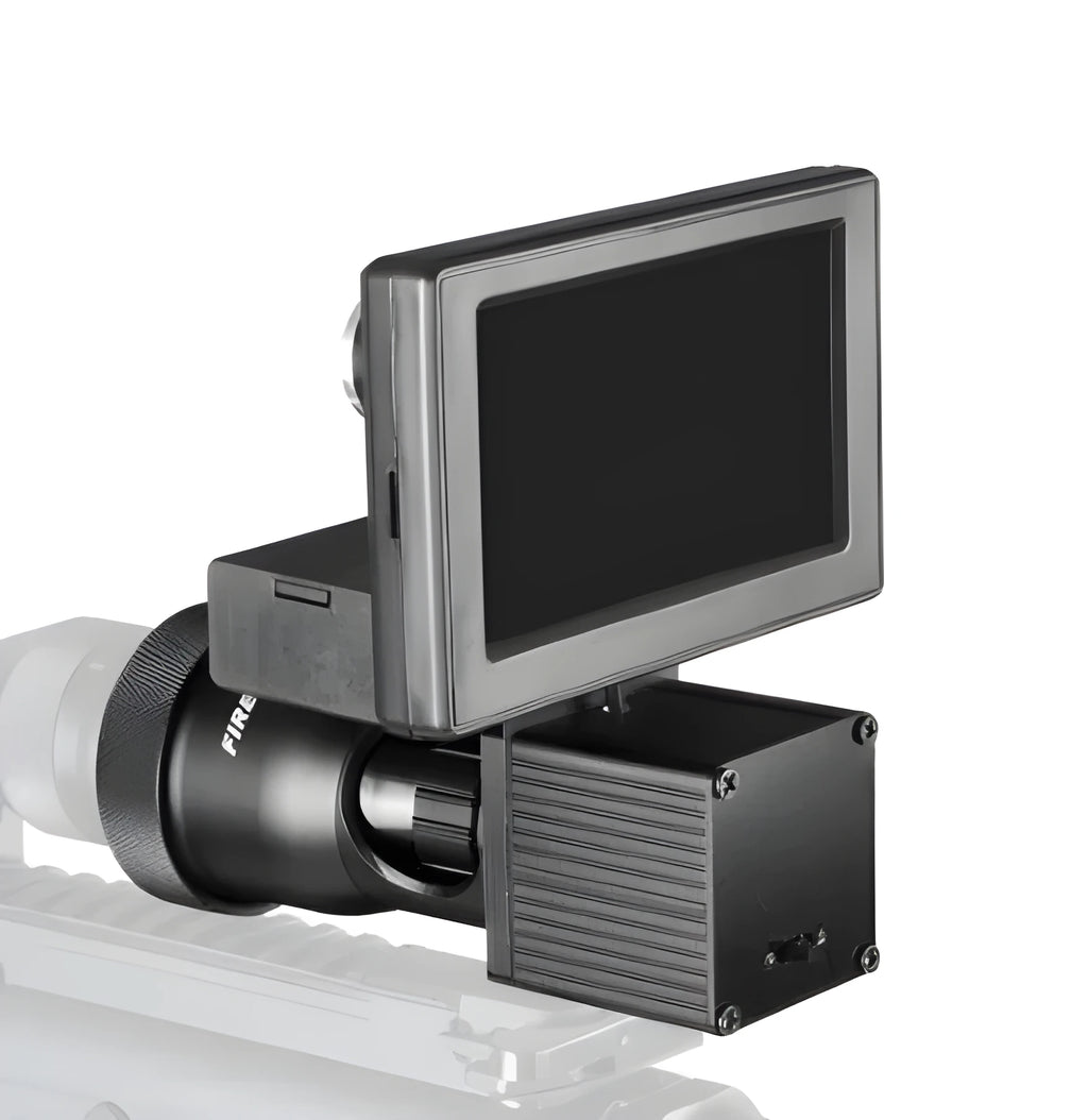 Black digital night vision monocular with lens and 4.3-inch screen, shown with two 18650 batteries.