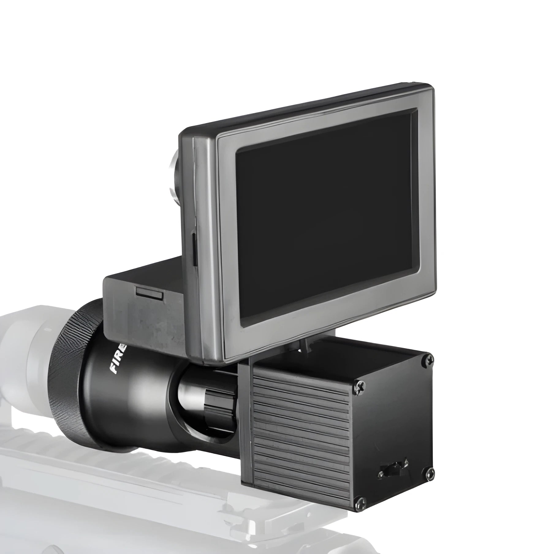 Black digital night vision monocular with lens and 4.3-inch screen, shown with two 18650 batteries.