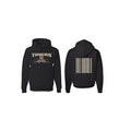 Black drop-shoulder sleeve pullover hoodie on a hanger