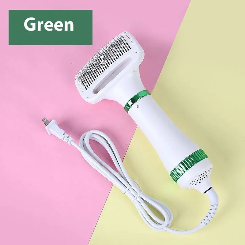 Second generation pet hair dryer with integrated hot air comb in platinum or white green.