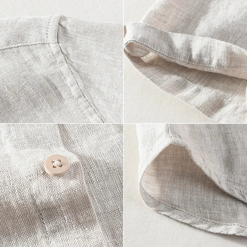 Man wearing a raw jute coloured short sleeve linen shirt with a square collar.