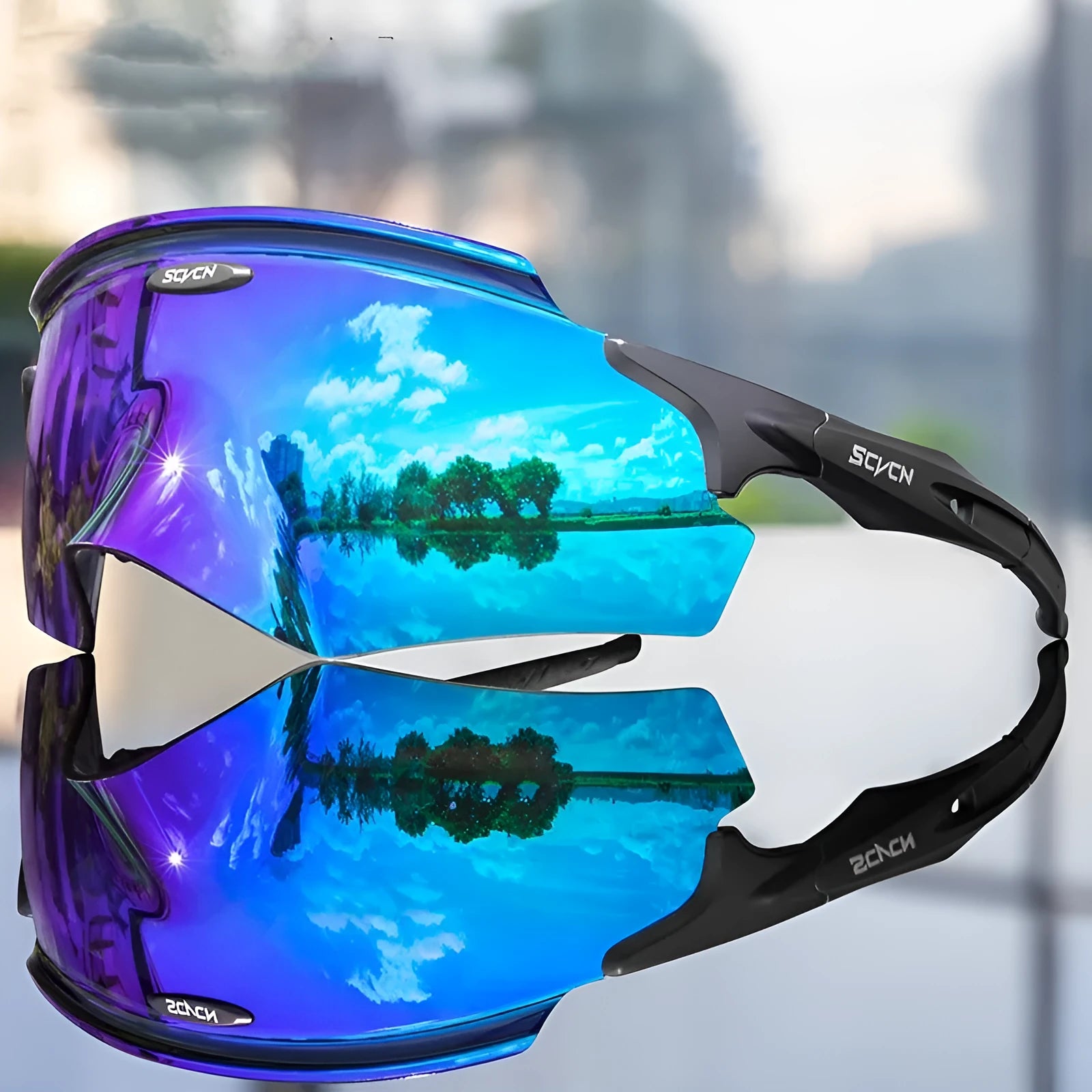 Frameless athletic glasses with a colourful one-piece lens and windproof design.
