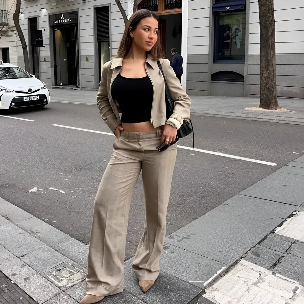 Women's summer suit set with 3D herringbone pattern jacket and straight-leg trousers