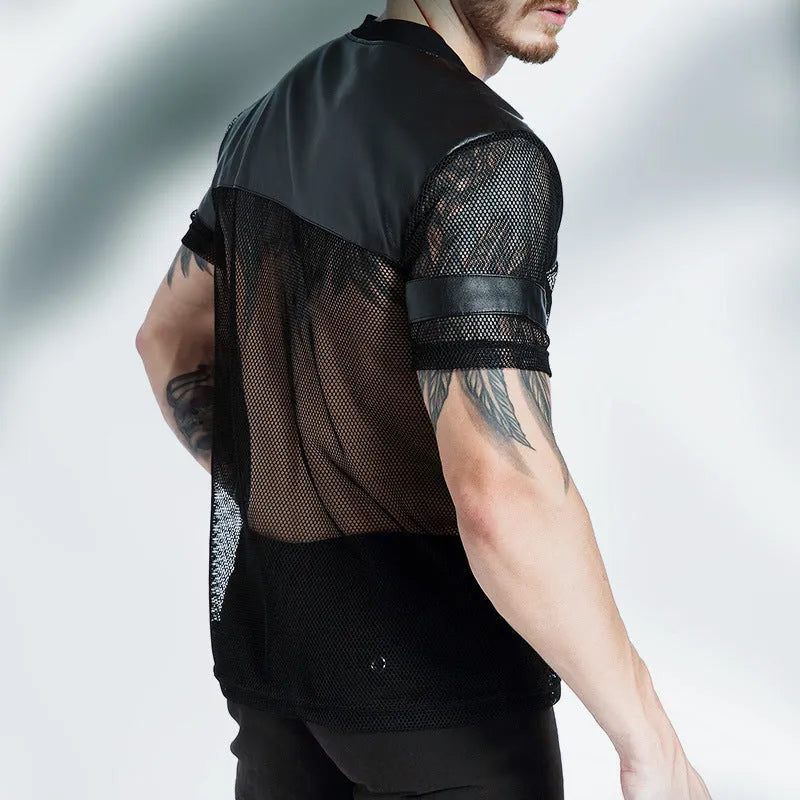 Black men's V-neck running T-shirt with stitching detail and breathable mesh polyester fabric