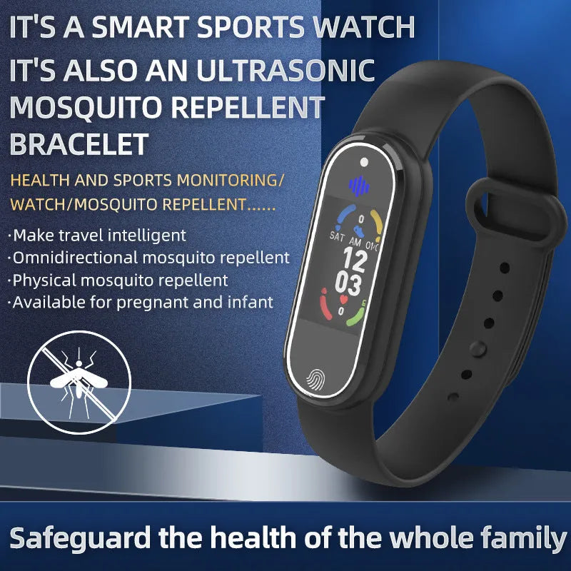 Black electronic mosquito repellent bracelet with USB charging port on wrist