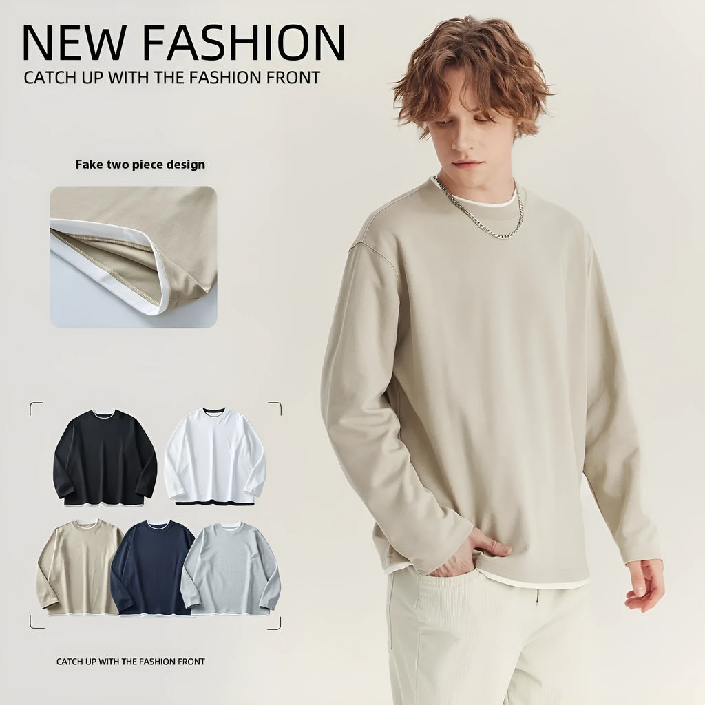 Men's loose fit long-sleeved cotton blend t-shirt in black, shown on a model.