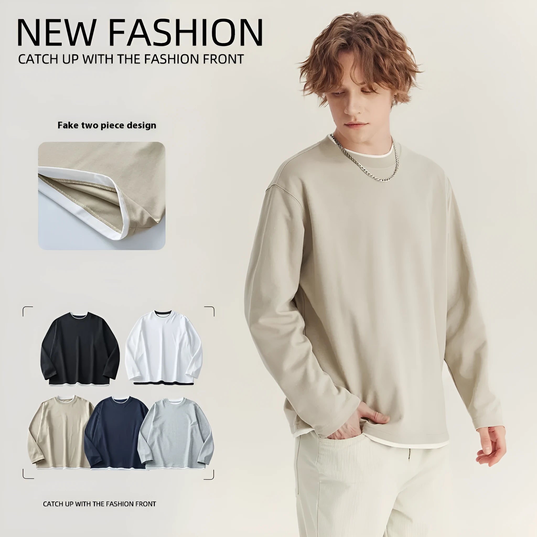 Men's loose fit long-sleeved cotton blend t-shirt in black, shown on a model.