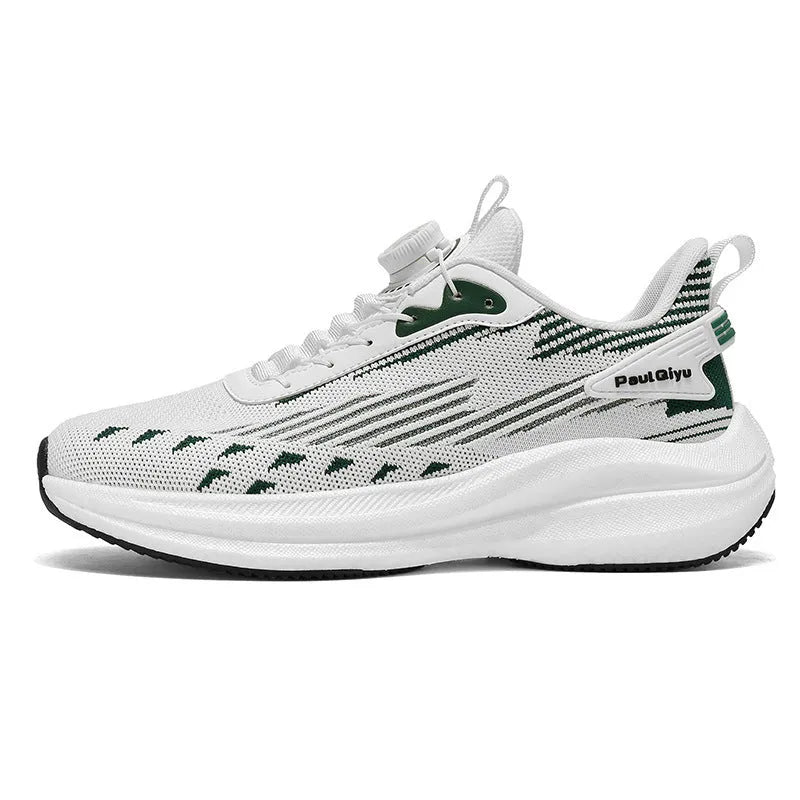 Men's white and green casual running shoes with rotating buckle and Fly-knit mesh upper on a flat TPU sole.