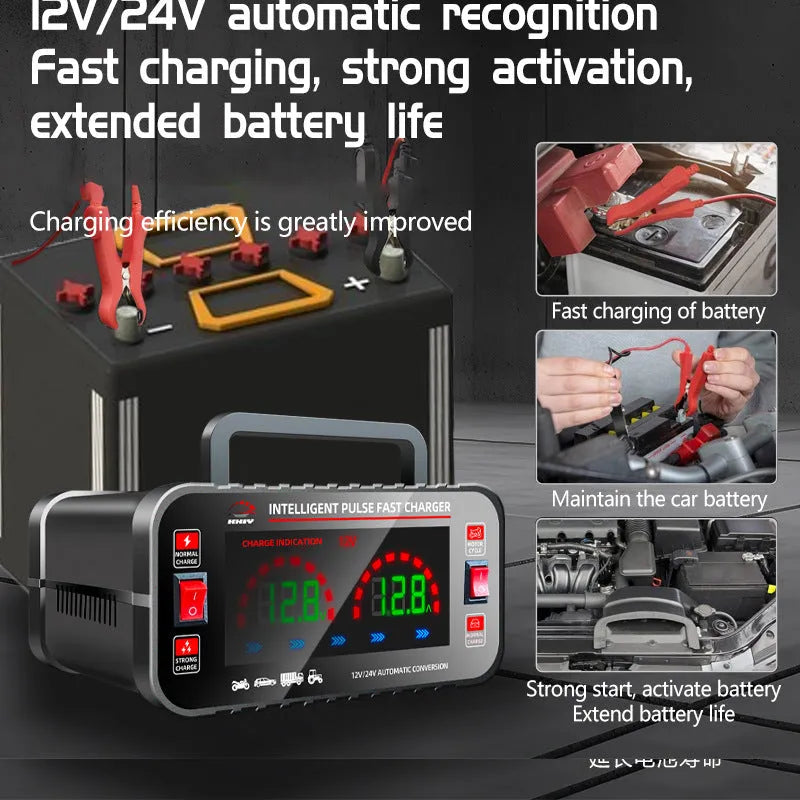 Black full-automatic intelligence battery charger for lead acid motorcycle and car batteries with plug options