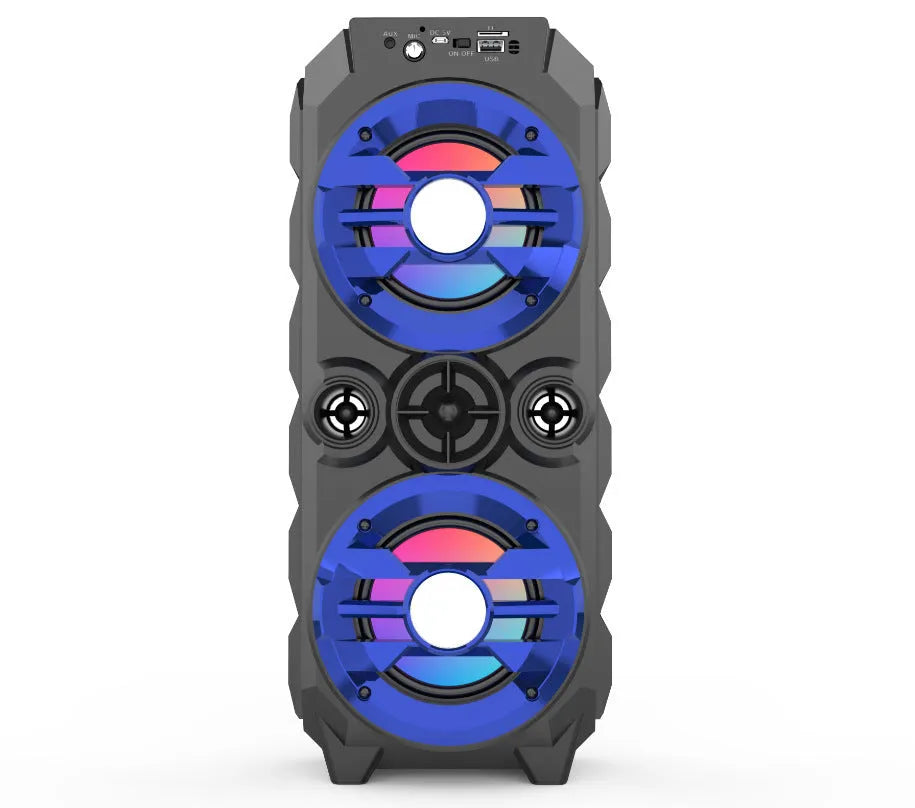 Portable Bluetooth speaker with colour LED lights in blue colour option showing control buttons
