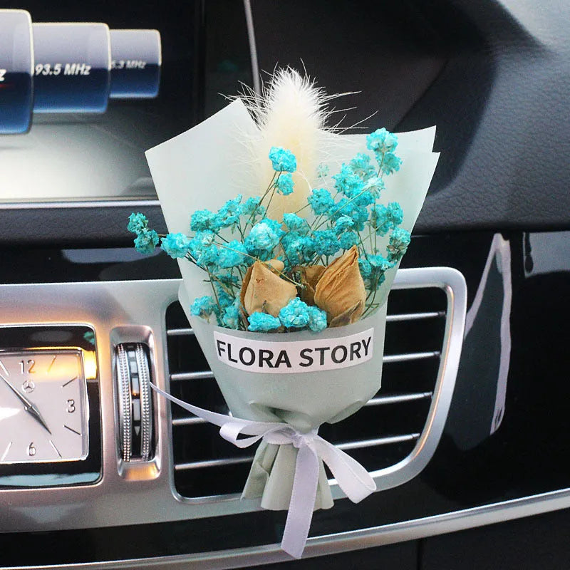 Dried flower bouquet and scented slice car air freshener for air conditioning vents in Pink Romance colour